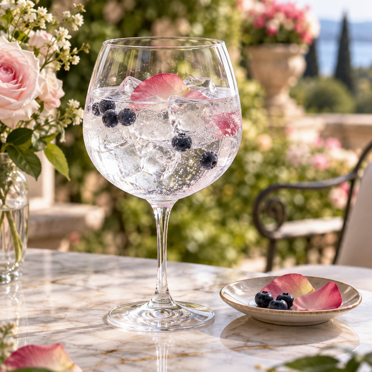 Ubald Gin fin floral served with Fever-Tree Indian Tonic Water, garnished with Edible Rose Petal and Blueberries
