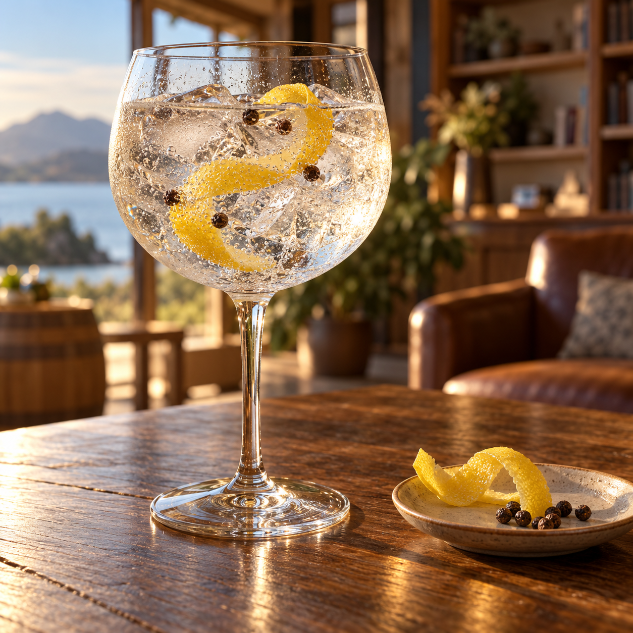 Top Shelf Library Gin served with Fentimans Premium Indian Tonic Water, garnished with Lemon twist and Whole Black Peppercorns