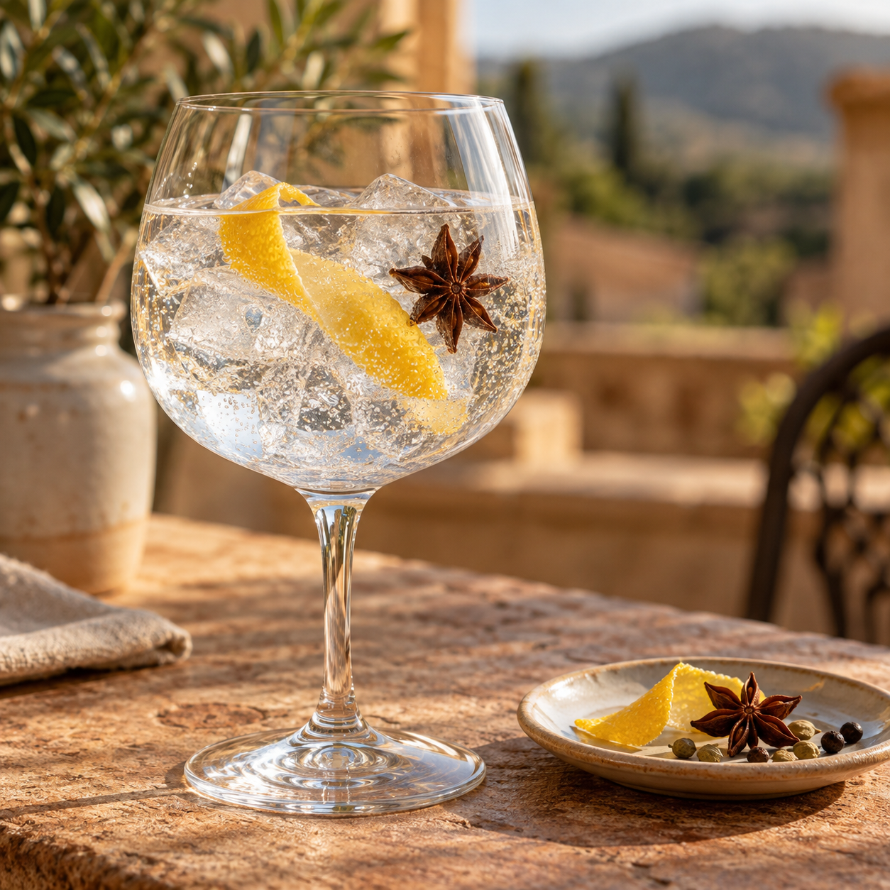 Ubald Gin fin épicé served with Fever-Tree Indian Tonic Water, garnished with Lemon Peel and Star Anise