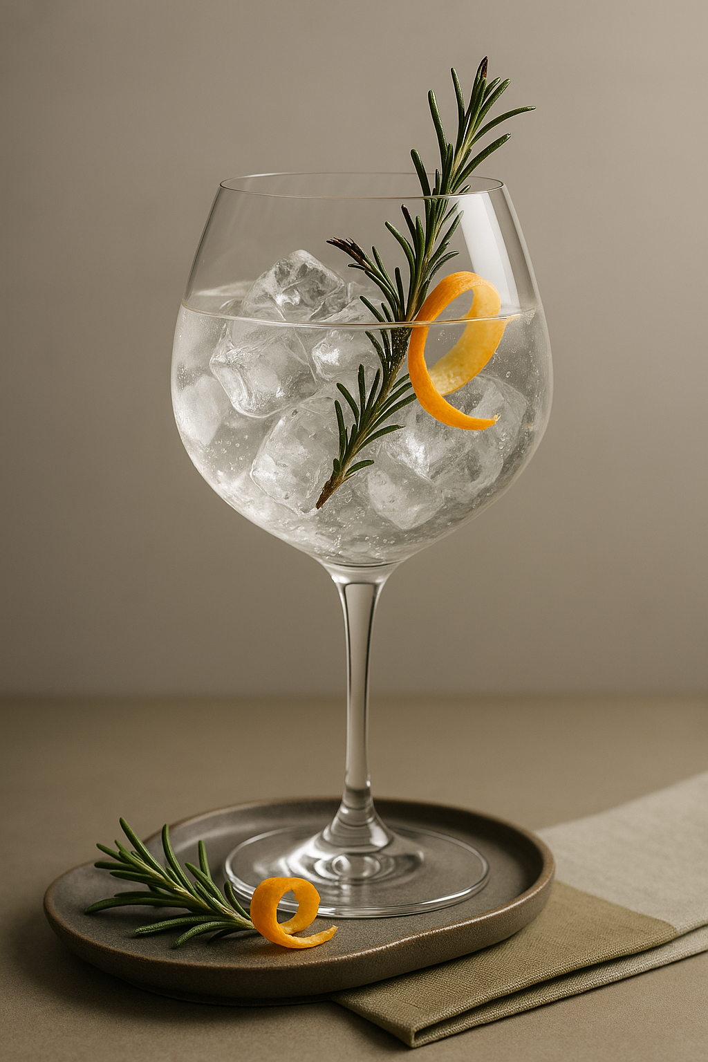 Berentsens Juletre Gin served with Double Dutch Indian Tonic Water, garnished with lightly singed rosemary sprig and orange peel twist