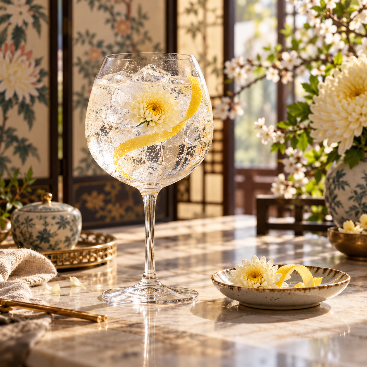 Takapuna Chrysanthemum Gin served with Fentimans Oriental Yuzu Tonic, garnished with Edible Flower and Lemon twist
