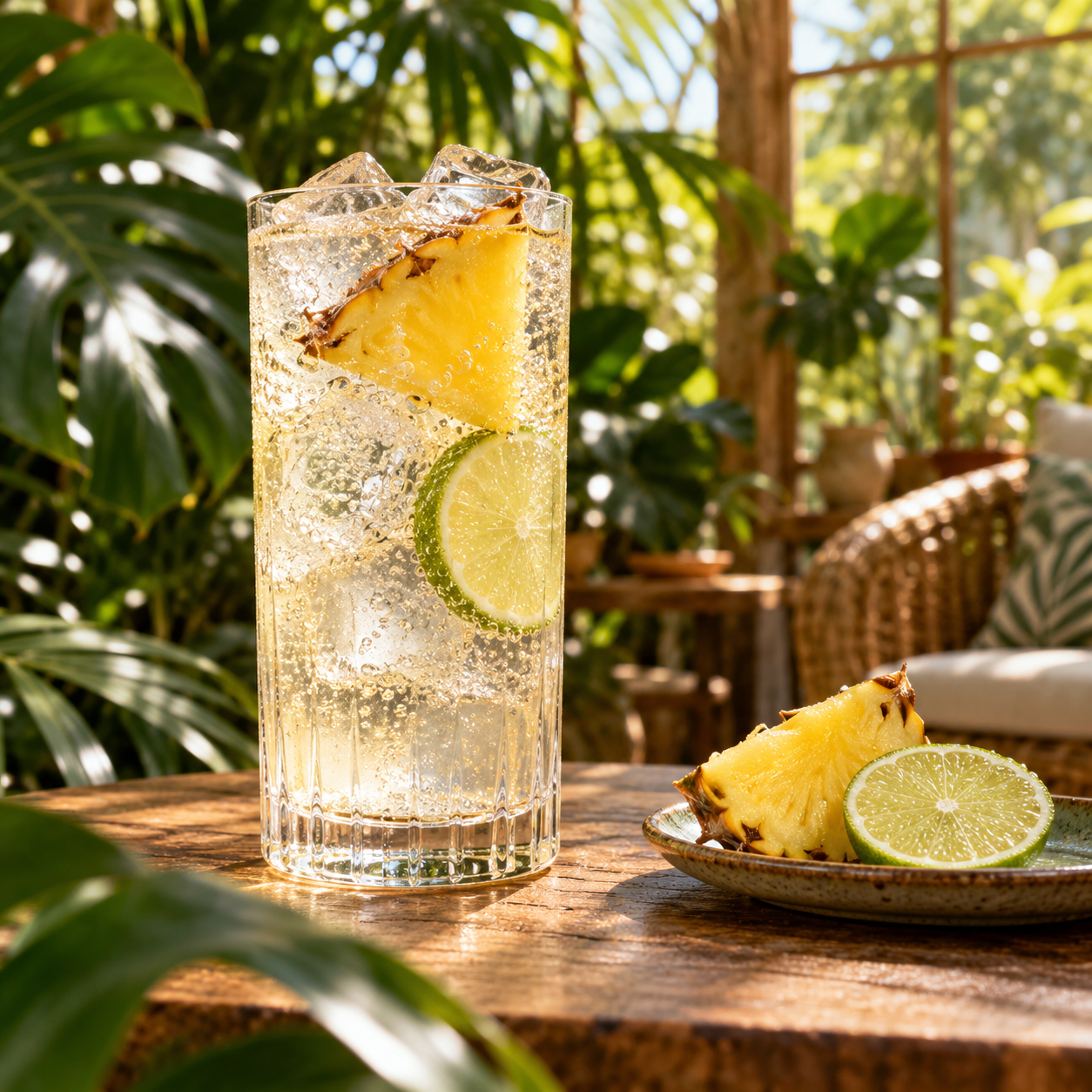 Takapuna Pineapple Gin served with Fever-Tree Mediterranean Tonic Water, garnished with Thin Slice of Pineapple and Thin Slice of Fresh Lime