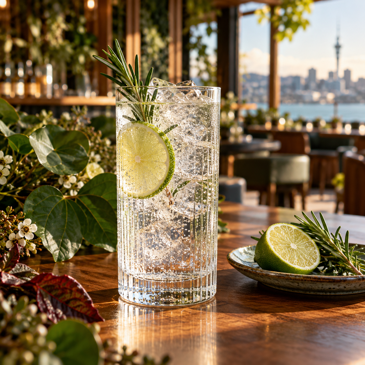 Takapuna Aotearoa Dry Gin servi avec East Imperial Yuzu Tonic, agrémenté de tranche de citron vert fraîche et petit brin de romarin frais