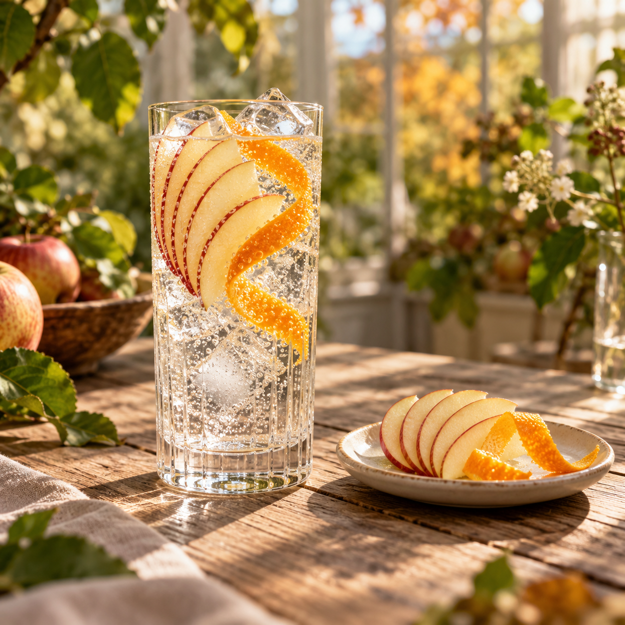 Takapuna Apple Gin served with Double Dutch Elderflower Tonic, garnished with Thin Slice of Fresh Apple and Orange twist
