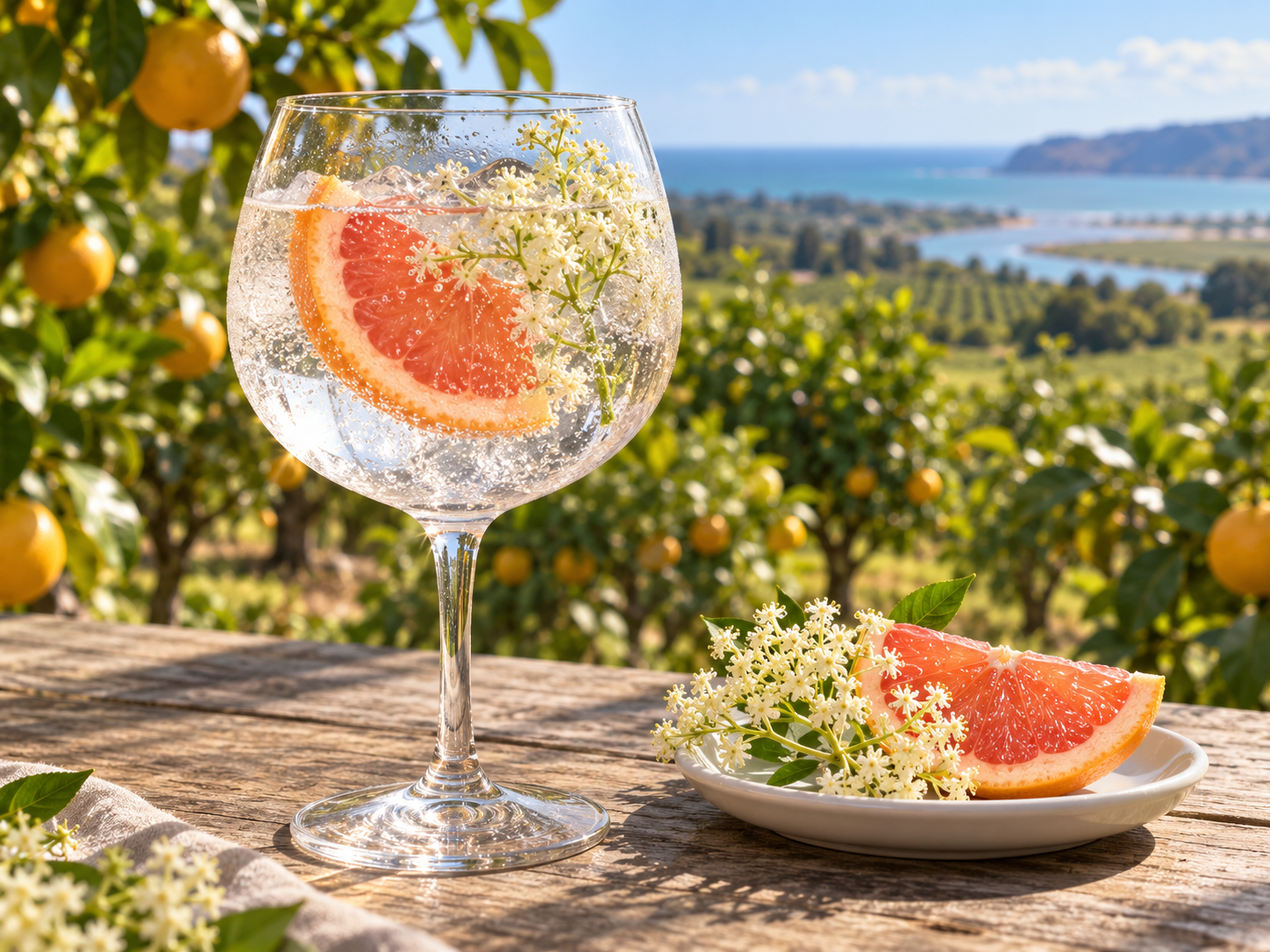 Sundown Grapefruit & Elderflower Gin served with Fentimans Elderflower Tonic Water, garnished with Pink grapefruit wedge and Elderflower Sprig