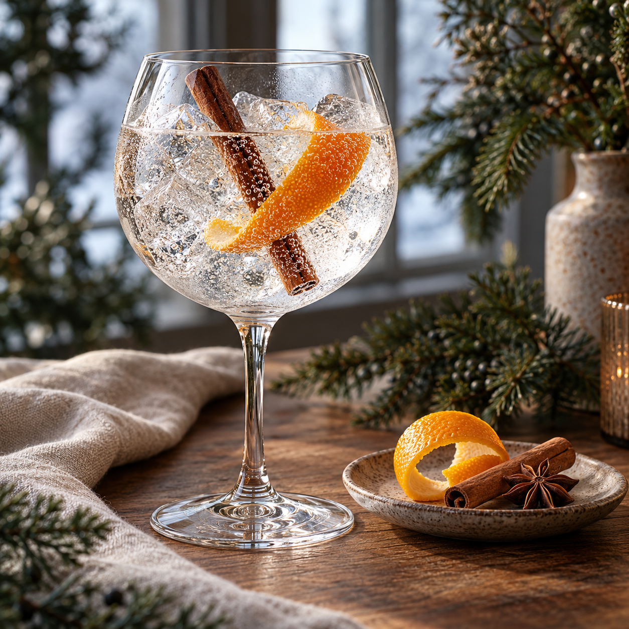 Sandymount Winter Gin served with The London Essence Company Mediterranean Seville Orange Tonic, garnished with Orange twist and Cinnamon Stick