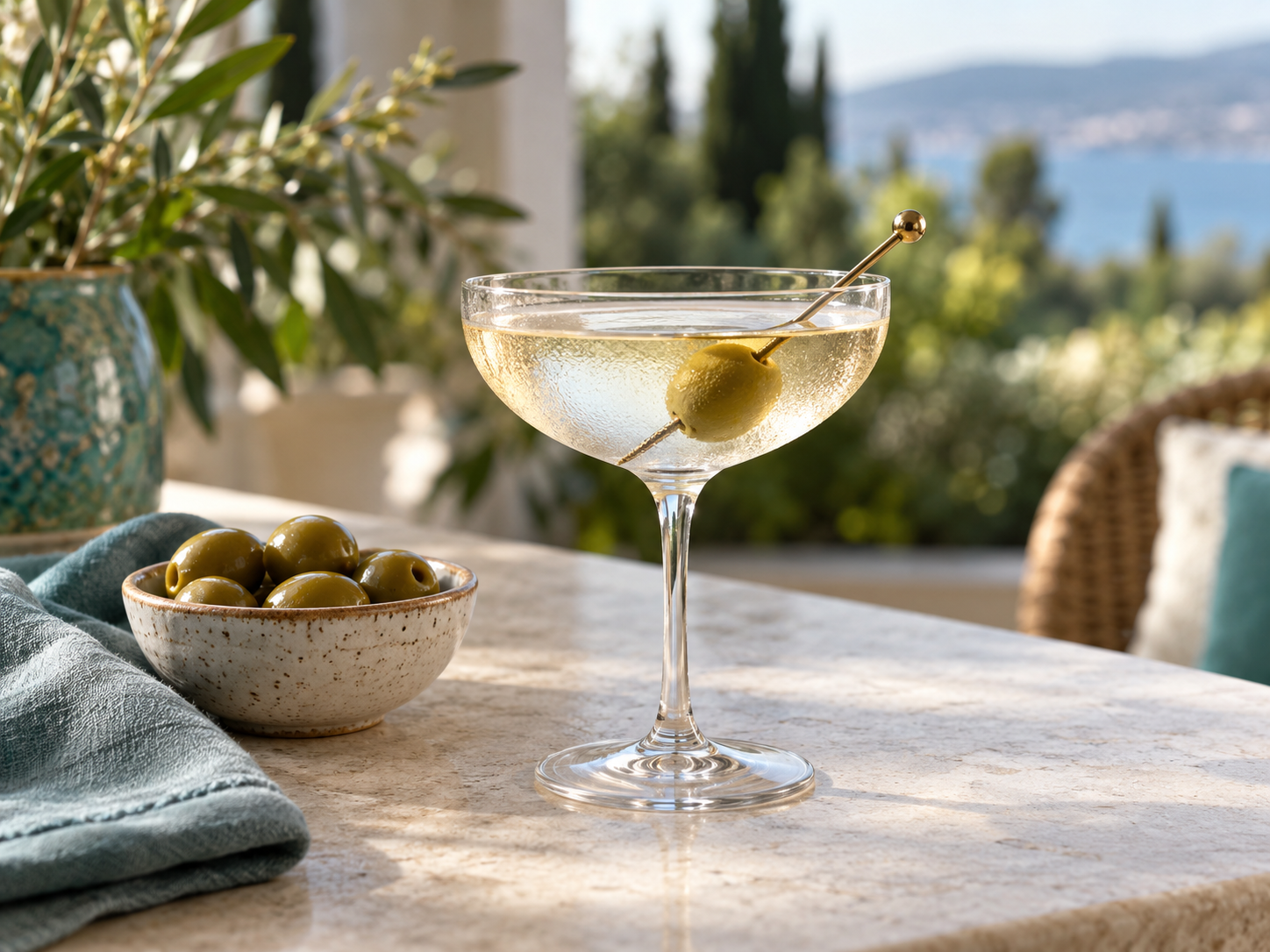Sandymount Lovers Leap Dry Gin served, garnished with Green Olive