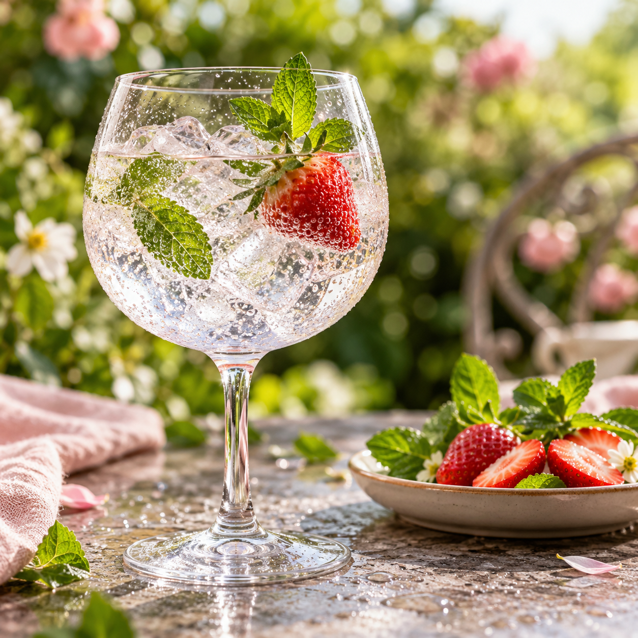 Sandymount Spring Gin served with Double Dutch Rose Tonic Water, garnished with Strawberry and Fresh Mint