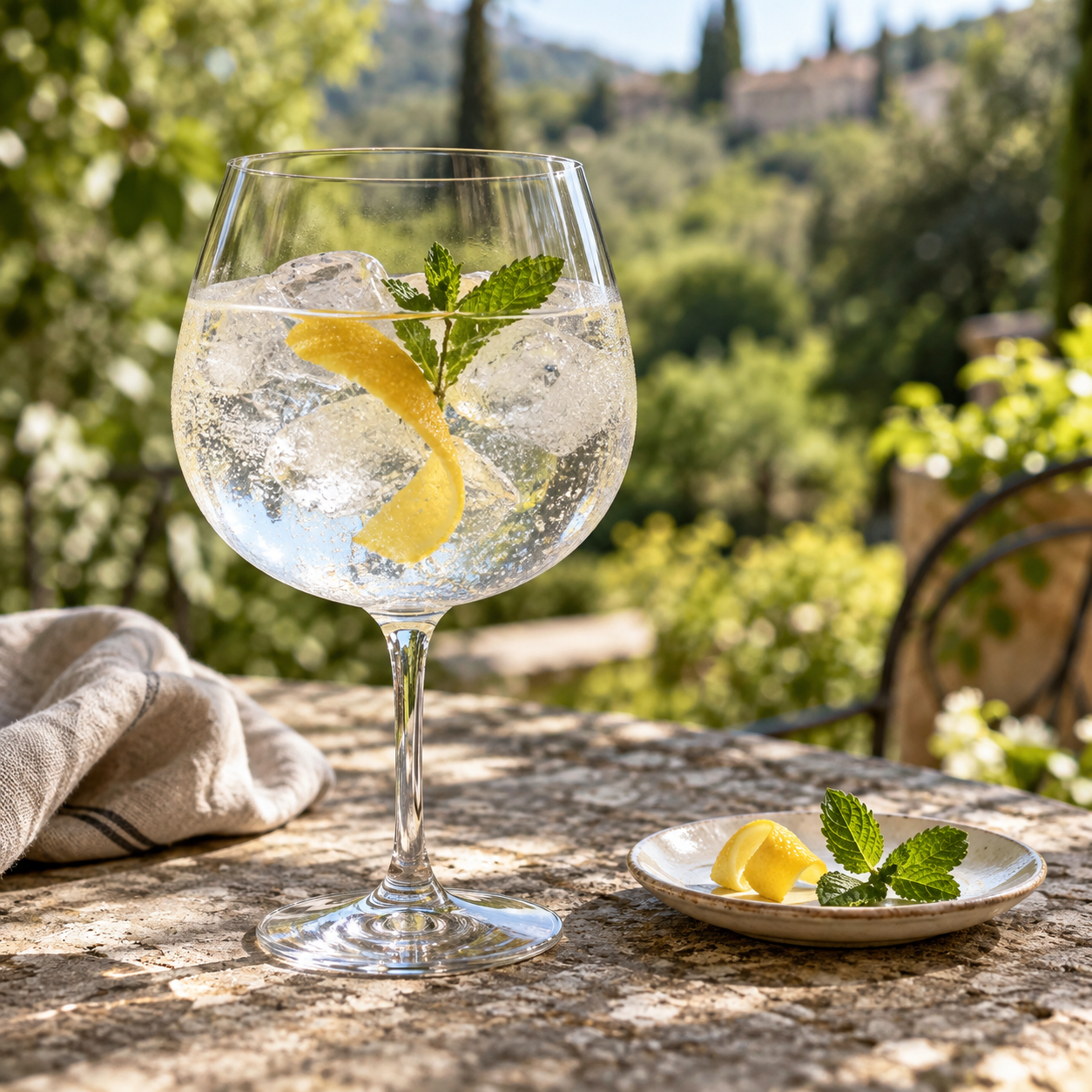 Saint Loup London Dry Gin served with Fever-Tree Indian Tonic Water, garnished with Lemon Peel and Fresh Mint Sprig