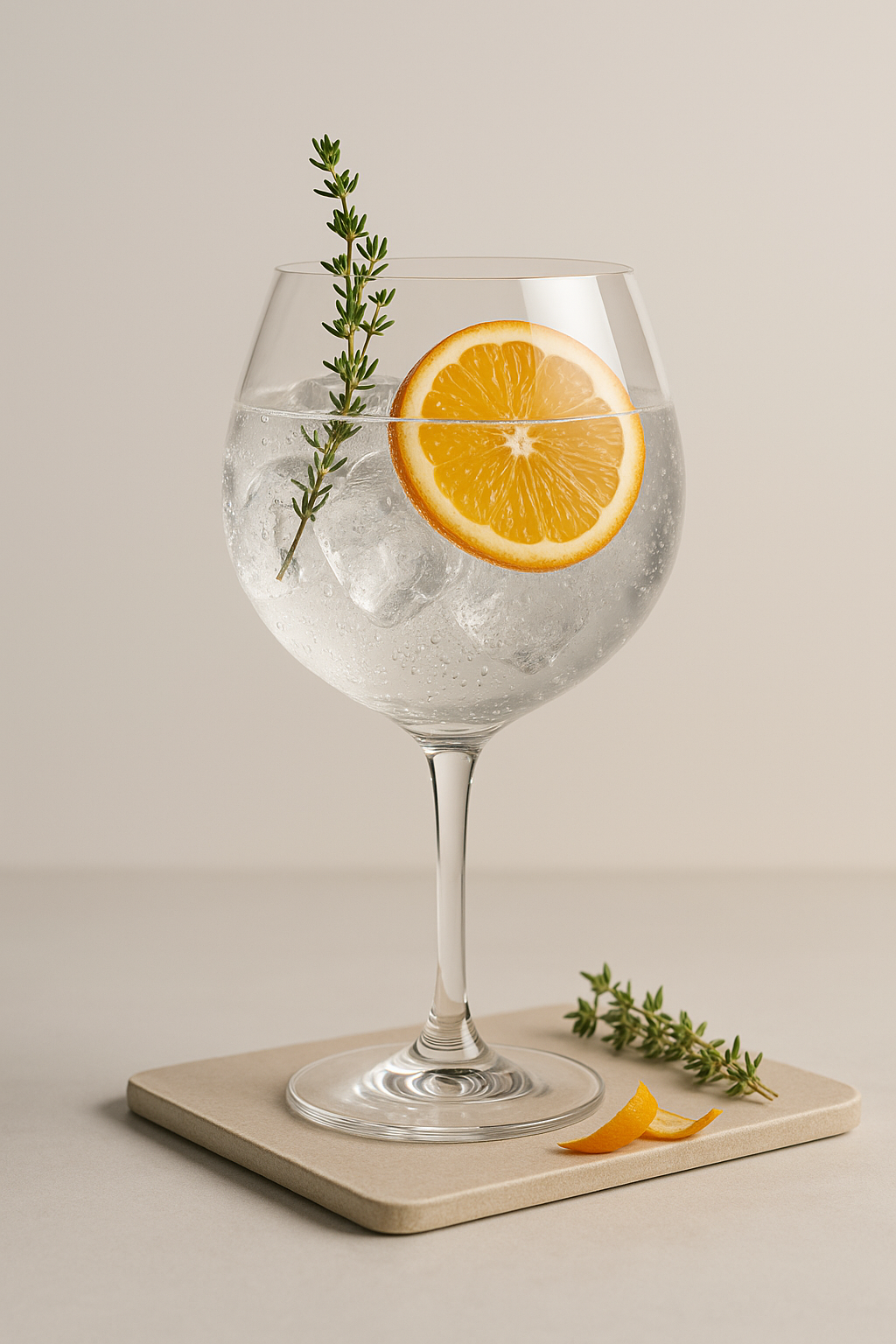BH1 Gin served with Thomas Henry Botanical Tonic, garnished with Fresh thyme sprig and Thin orange slice