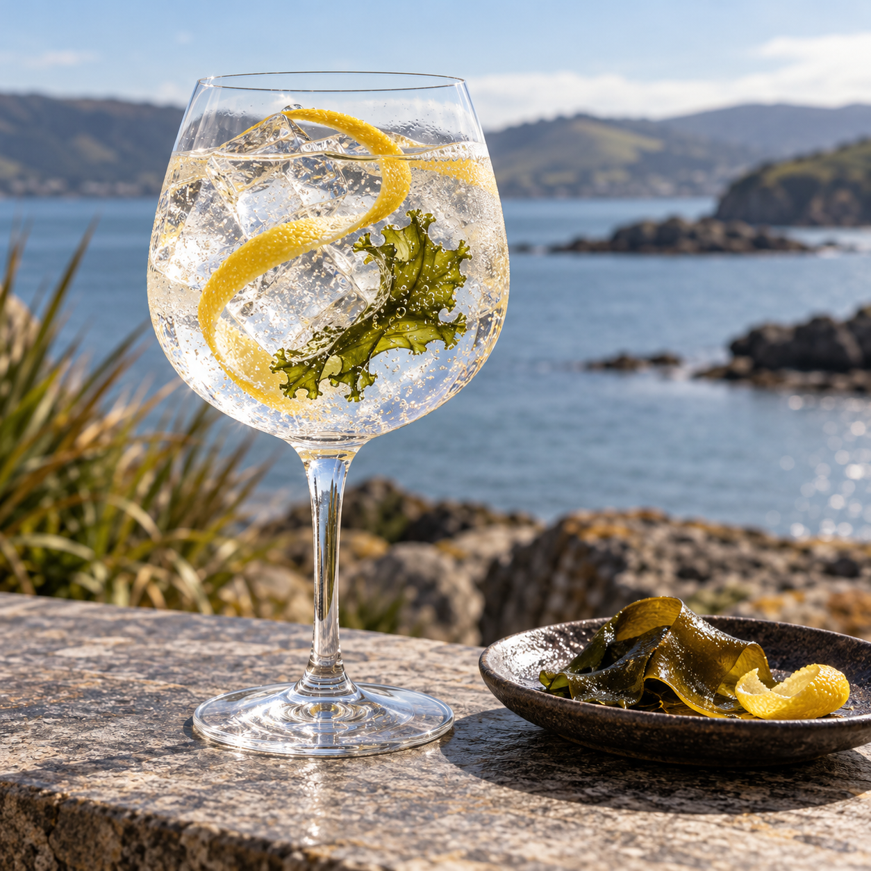 Sandymount Chapter Four Gin served with Fentimans Traditional Tonic Water, garnished with Lemon twist and Grapefruit twist and samphire