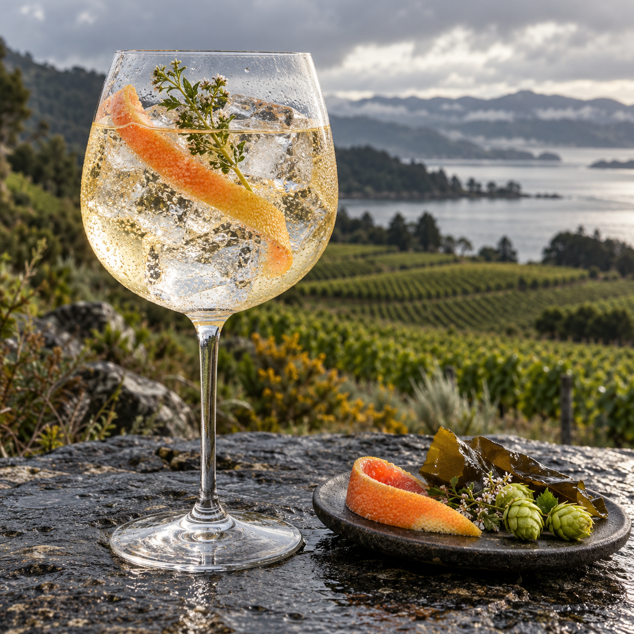 Roots Norwester Navy Strength Dry Gin served with East Imperial Burma Tonic Water, garnished with Grapefruit Twist and Thyme Sprig