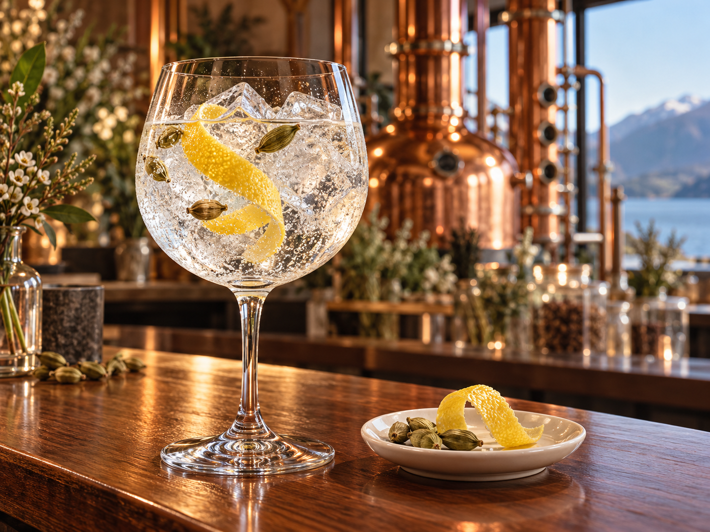 Reid & Reid Rev Dawson Gin servi avec 1724 Tonic Water, agrémenté de zeste de citron et gousse de cardamome