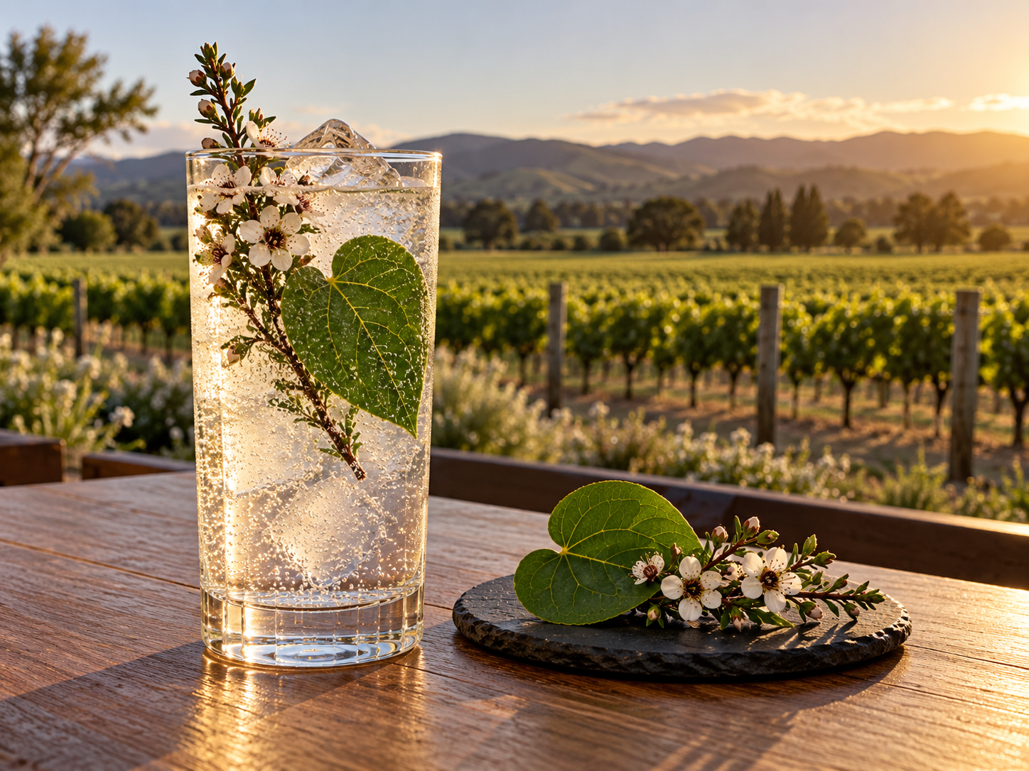 Reid & Reid Native Gin served with East Imperial Old World Tonic Water, garnished with Kawakawa Leaf and Lemon twist