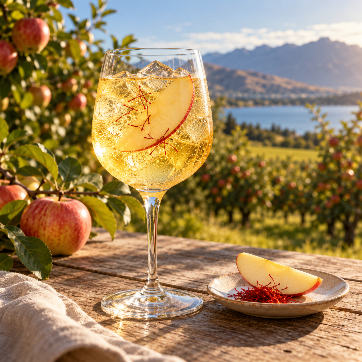 Puhoi Saffron & Apple Gin served with Thomas Henry Elderflower Tonic, garnished with Apple Slice and Saffron threads