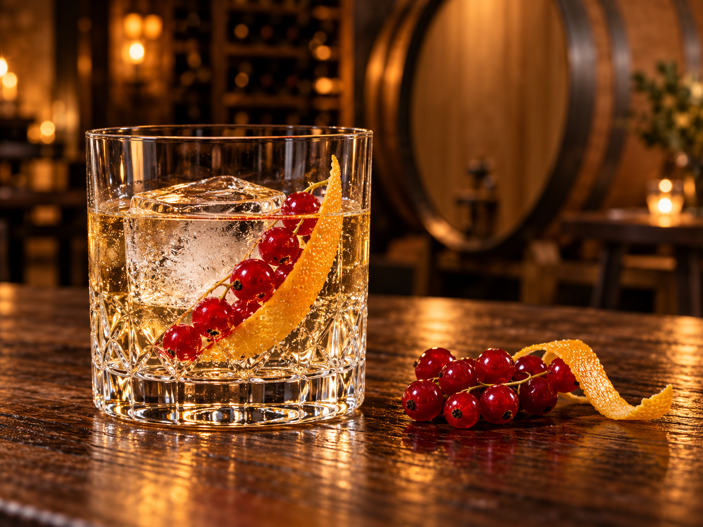 Reid & Reid Barrel Aged Gin served with Fever-Tree Mediterranean Tonic Water, garnished with Red Currant and Orange twist