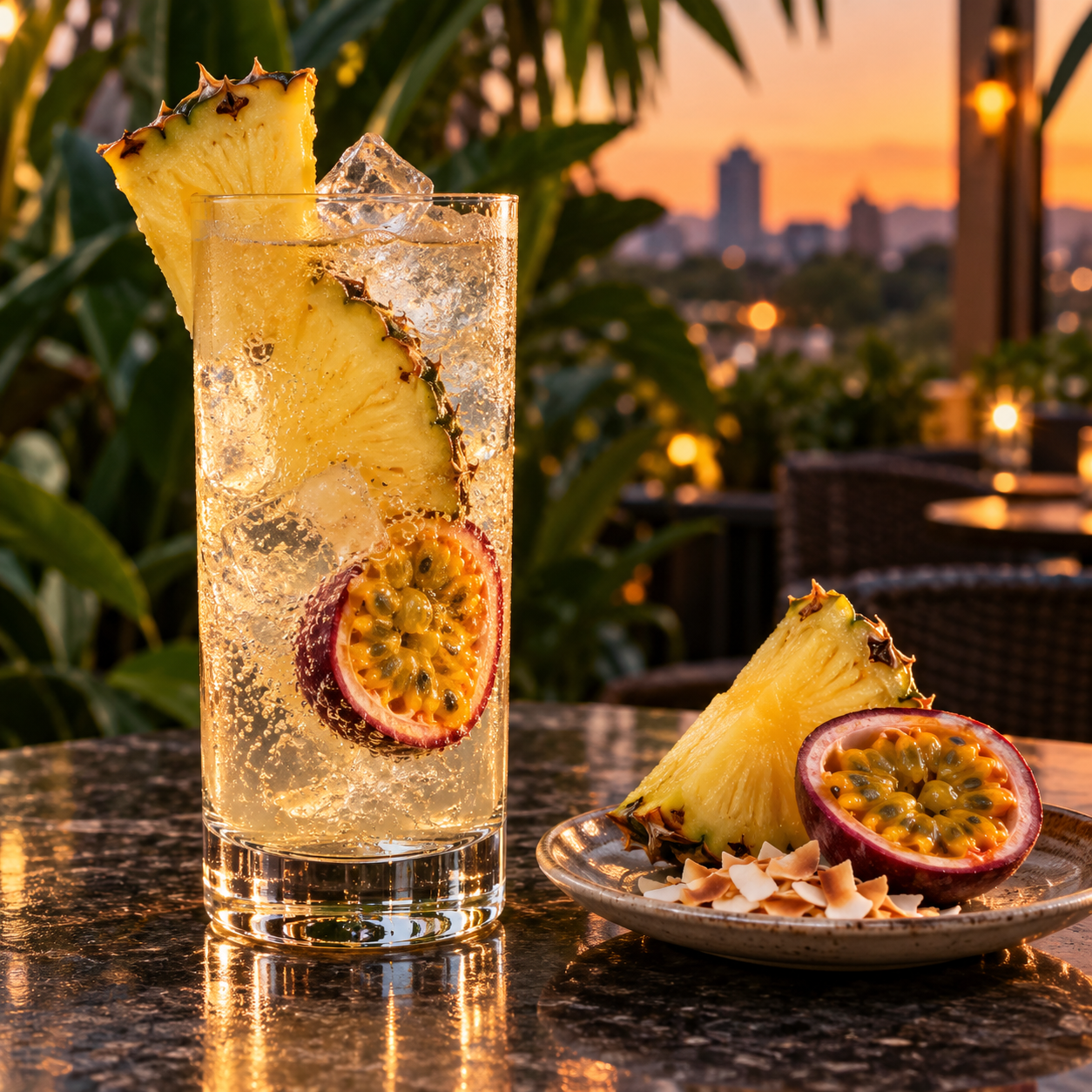 Tropic Tiki Gin served with Mischief Brew Tonic No.1, garnished with Pineapple Wedge and Passion Fruit