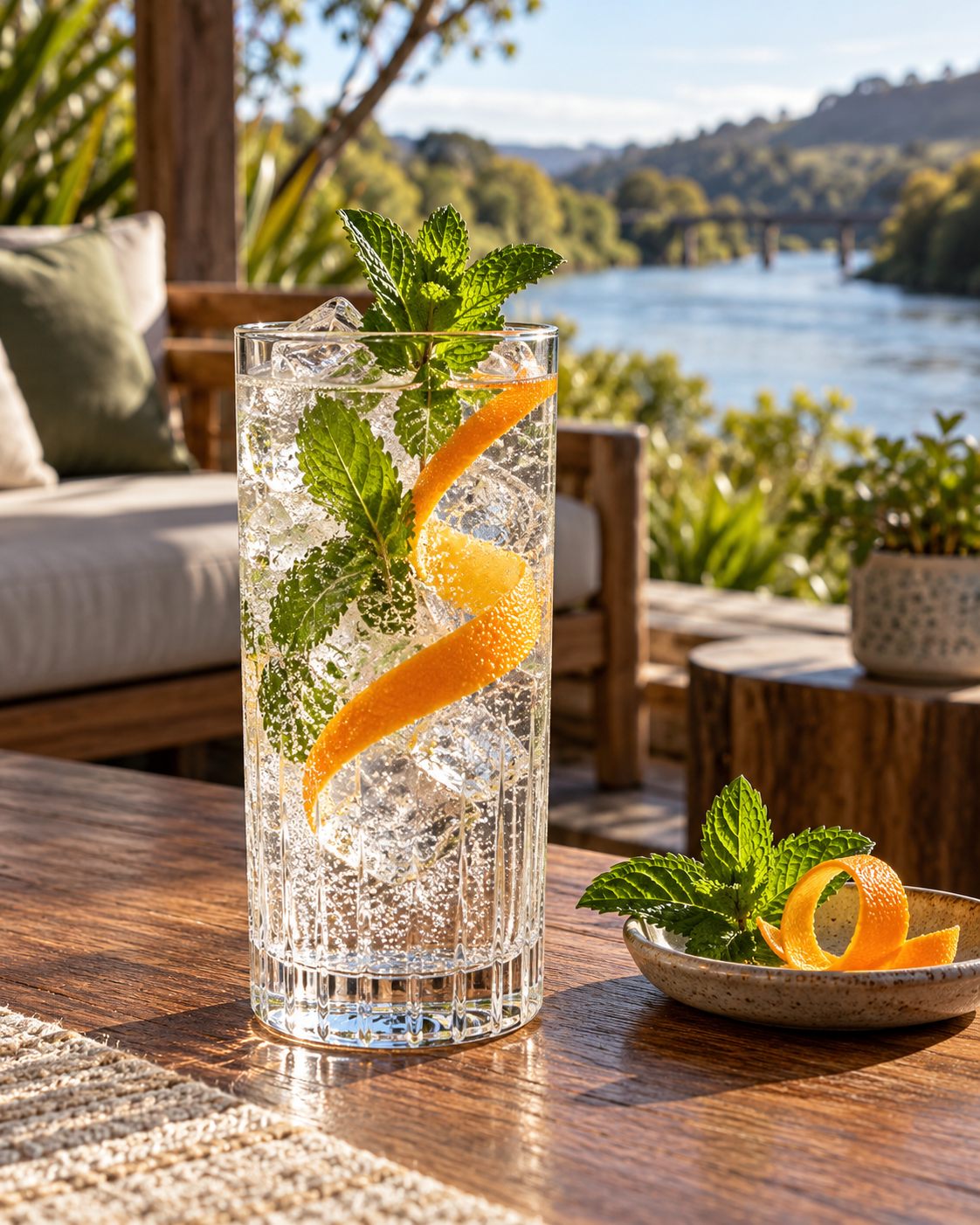 Papaiti Whanganui Dry Gin servi avec Fentimans Mediterranean Tonic Water, agrémenté de menthe poivrée et zeste d'orange