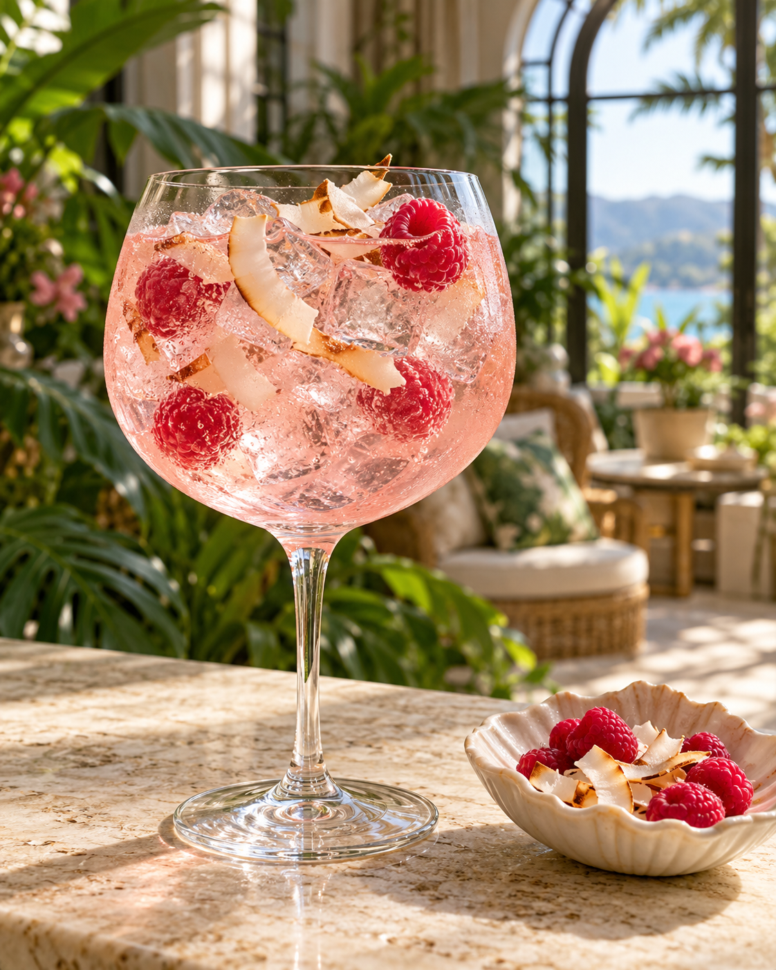 Papaiti Rogue Coco Pink Gin served with Double Dutch Rose Tonic Water, garnished with Fresh raspberry and Coconut Flakes