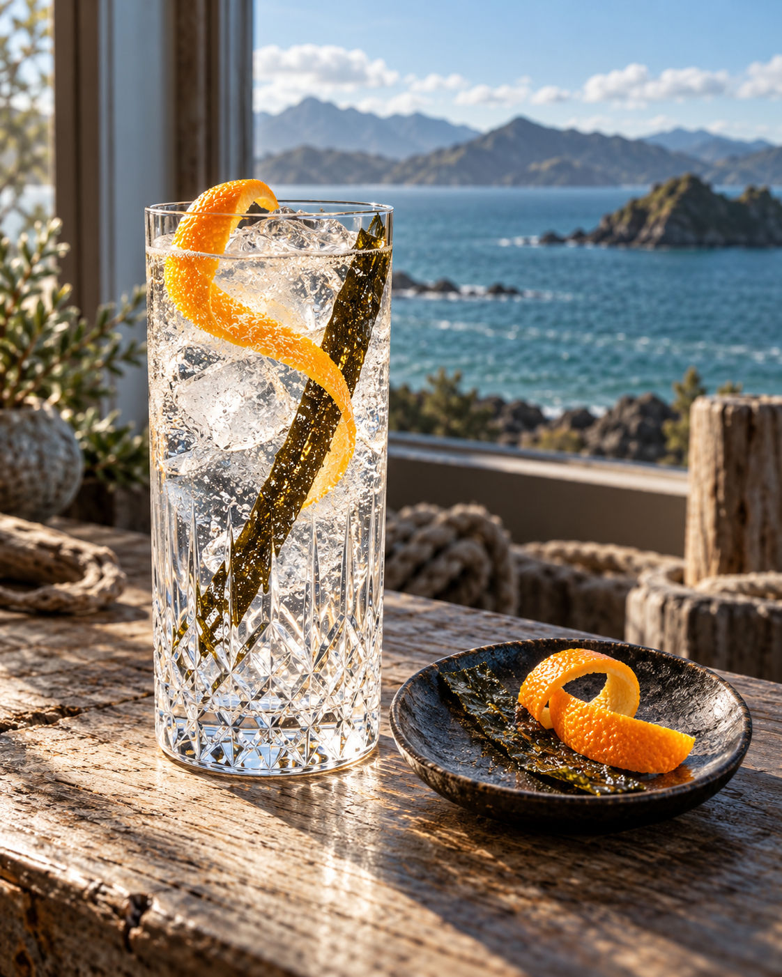Papaiti Navigator Navy Strength Gin served with Fever-Tree Indian Tonic Water, garnished with Orange twist and Thin Strip of Nori Seaweed