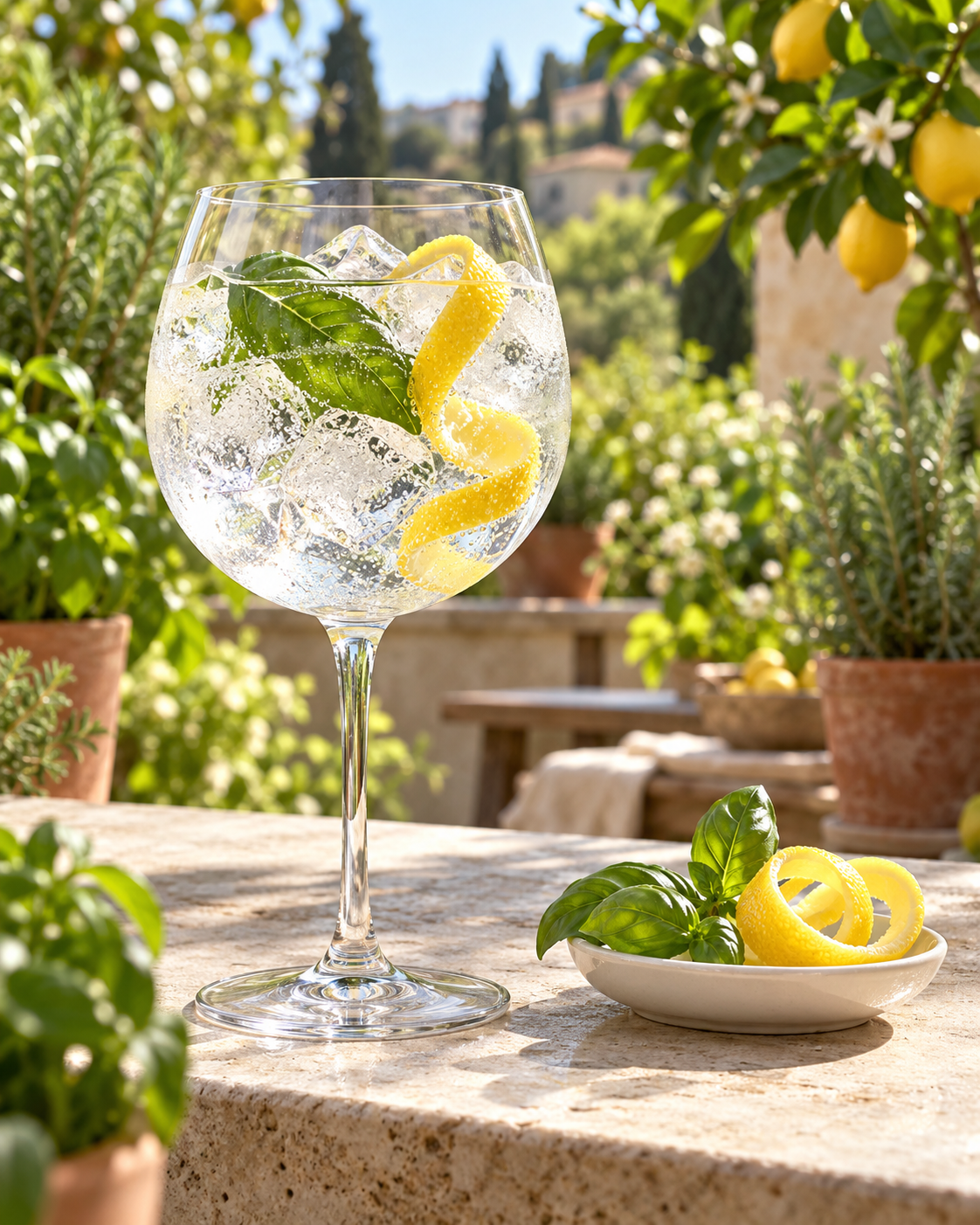 Papaiti Potager Gin served with Double Dutch Yuzu Lemongrass Tonic, garnished with Basil Leaf and Lemon twist