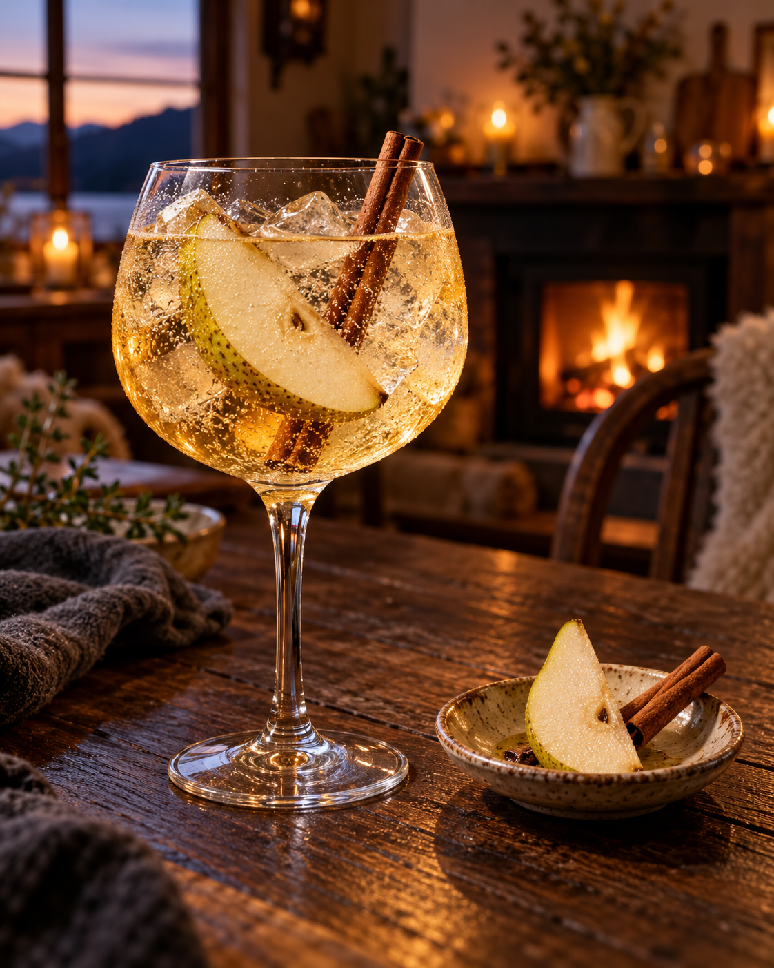 Papaiti Humble Crumble Midwinter Gin served with Fever-Tree Clementine Cinnamon Tonic Water, garnished with Conference Pear Slice and Cinnamon Stick