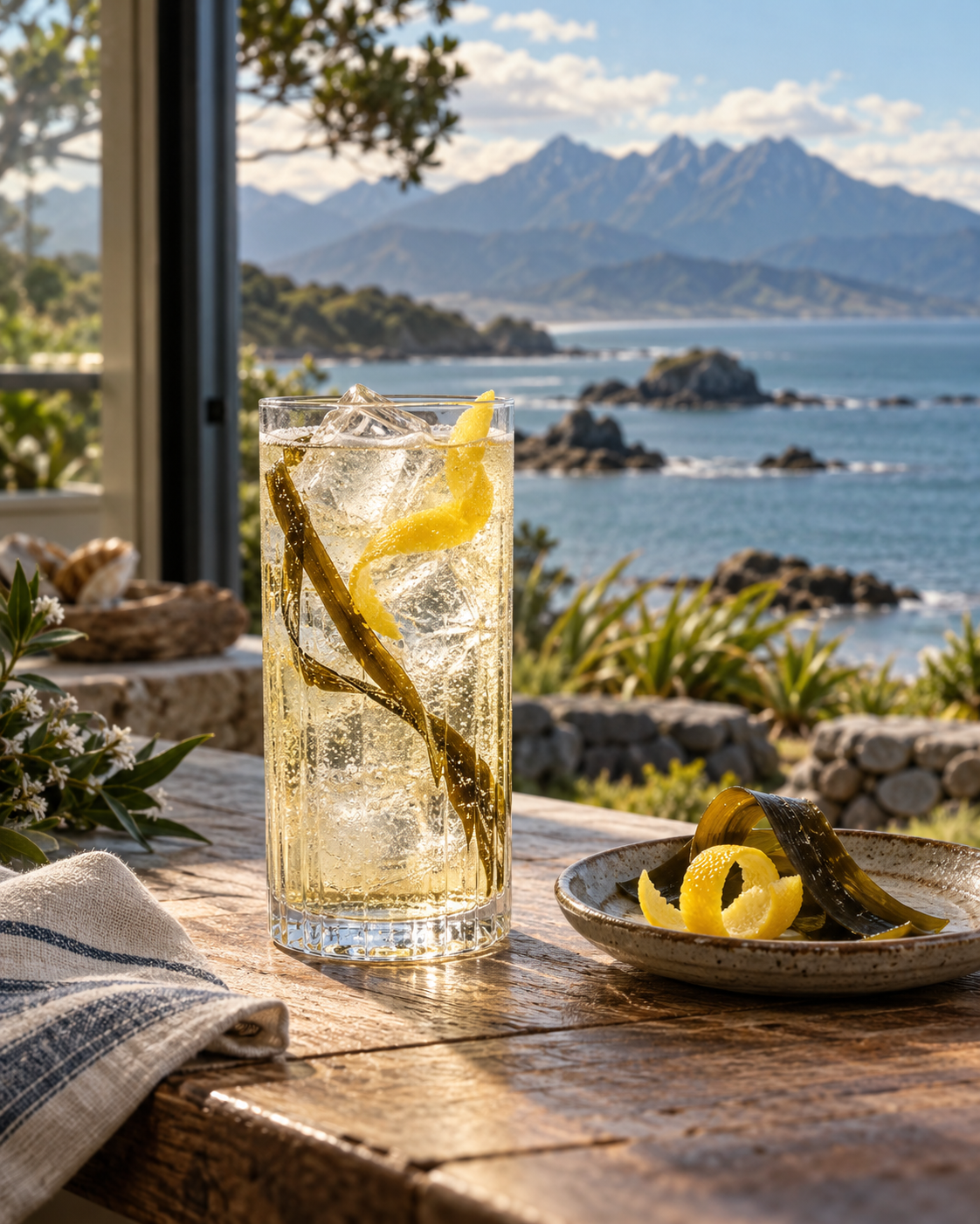 Papaiti Mountains to Sea Gin served with East Imperial Yuzu Tonic, garnished with Sea Kelp and Lemon twist