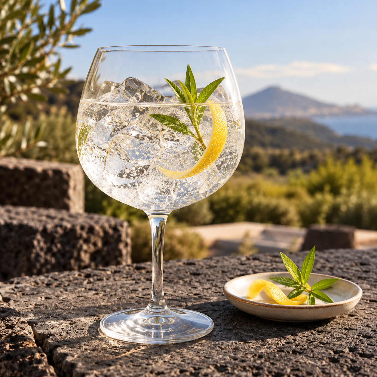 ORIginEL London Dry Gin served with Fever-Tree Indian Tonic Water, garnished with Lemon Peel and Fresh Lemon Verbena Sprig