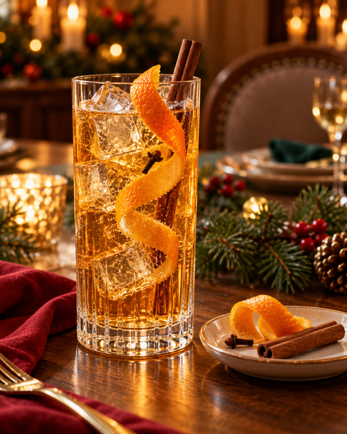 Papaiti Gingle All the Way Christmas Gin servi avec Schweppes Premium Mixer Ginger & Cardamom Tonic, agrémenté de zeste d'orange et bâton de cannelle