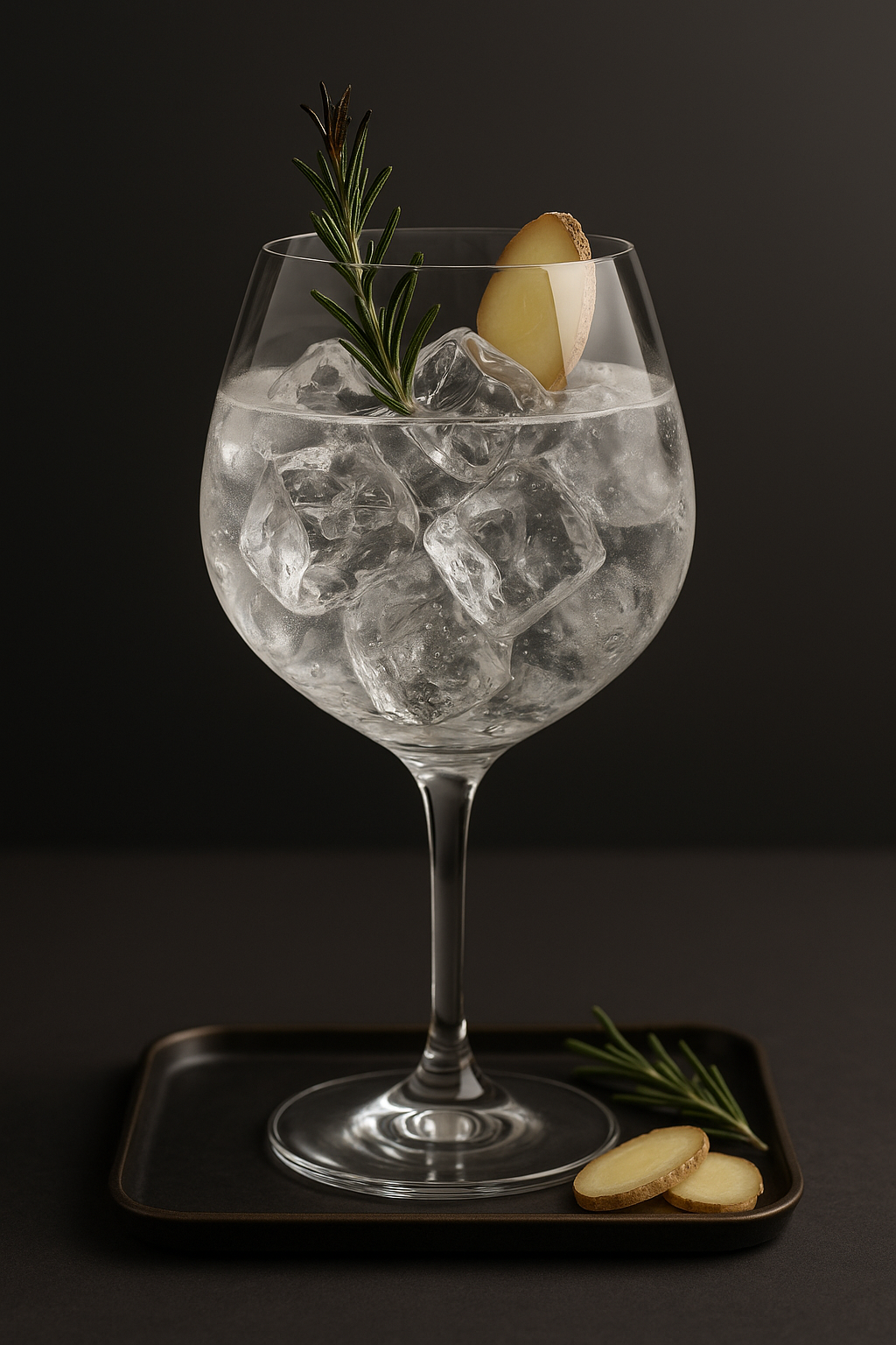 Big Boss Dry Gin servi avec Thomas Henry Spicy Ginger Beer, agrémenté de lightly singed rosemary sprig et thin slice of fresh ginger