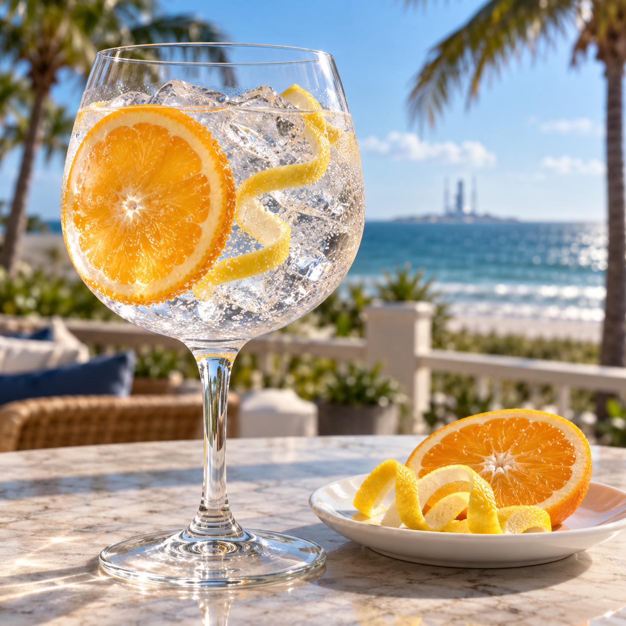 OCEANside Coastal Citrus Gin served with Fever-Tree Premium Soda Water, garnished with Thin Slice of Fresh Orange and Lemon twist