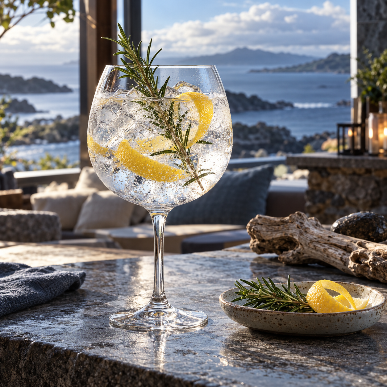 Mt Fyffe Shearwater Gin served with Fentimans Mediterranean Tonic Water, garnished with Short fresh rosemary sprig and Lemon twist