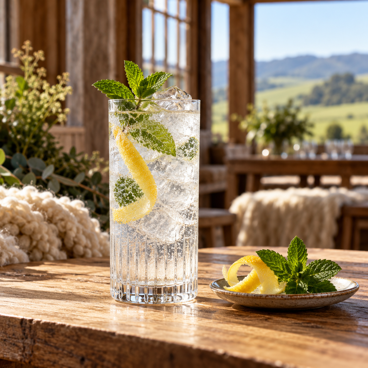 Mt Fyffe Woolshed Gin served with Fentimans Elderflower Tonic Water, garnished with Sprig of Elderflower and Sprig of Mint