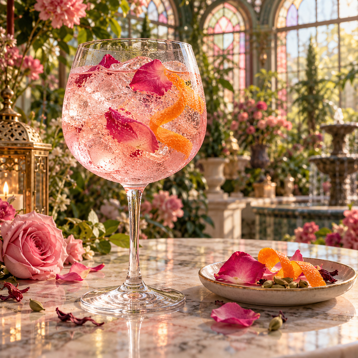 Moksha Rose & Hibiscus Gin served with Double Dutch Rose Tonic Water, garnished with Damask rose petals and Orange twist
