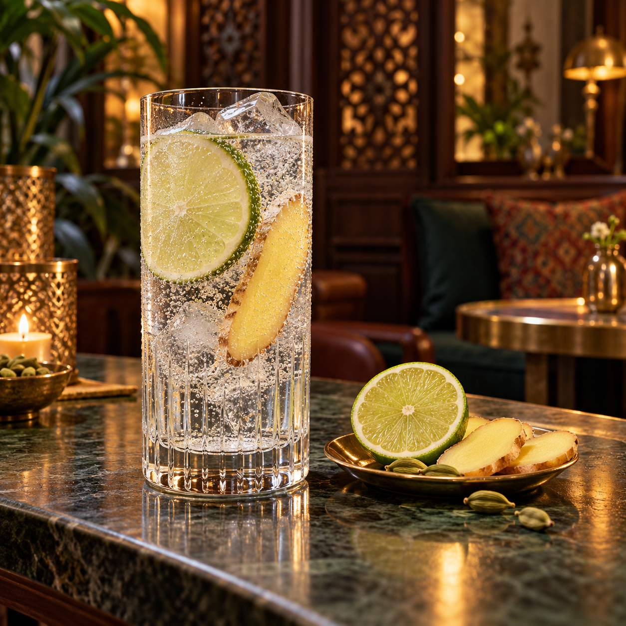 Moksha Spice of India Gin served with Fever-Tree Indian Tonic Water, garnished with Lemon twist and Thin Ginger Coin