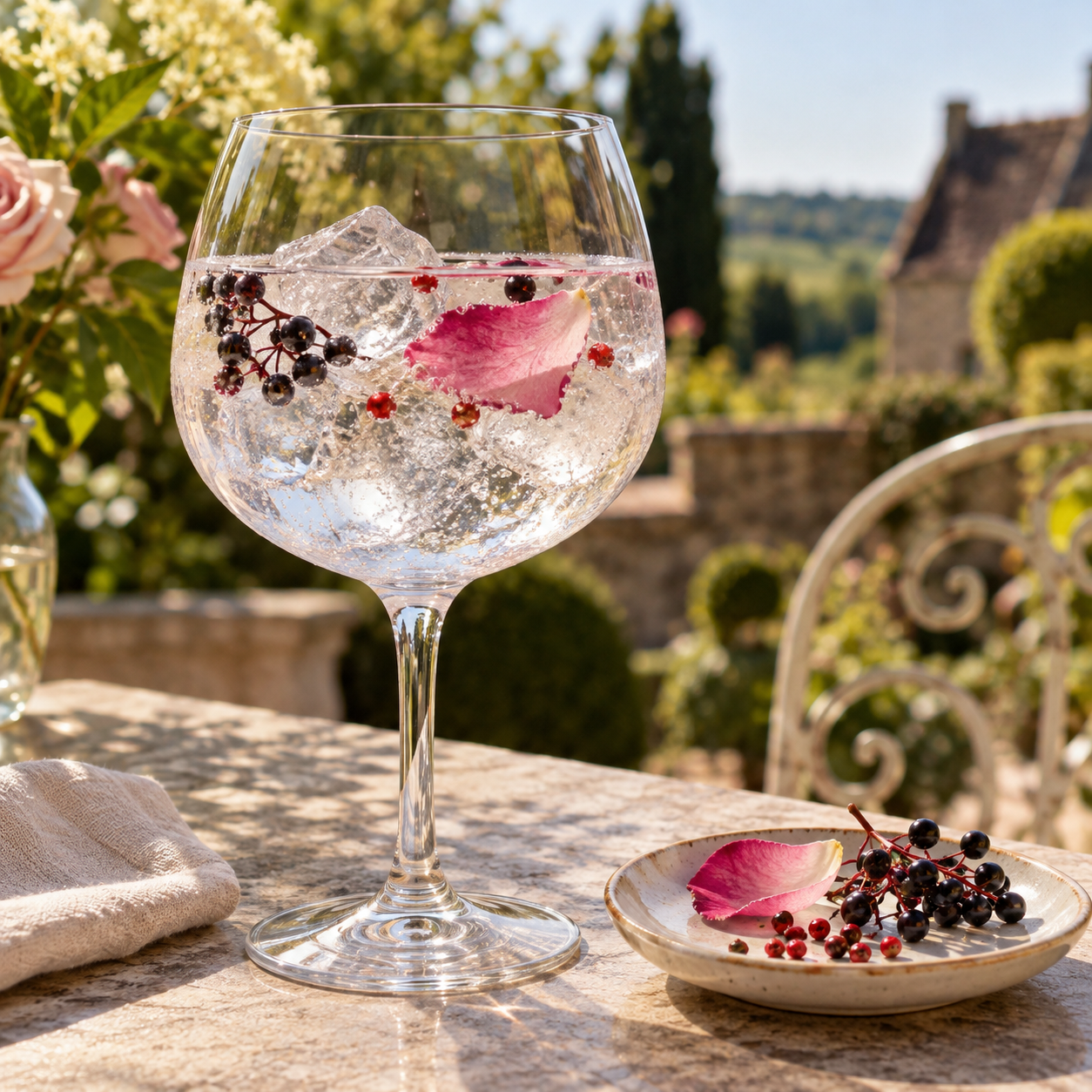 LODDA Le Gin No 2 served with Fever-Tree Indian Tonic Water, garnished with Edible Rose Petal and Elderberries
