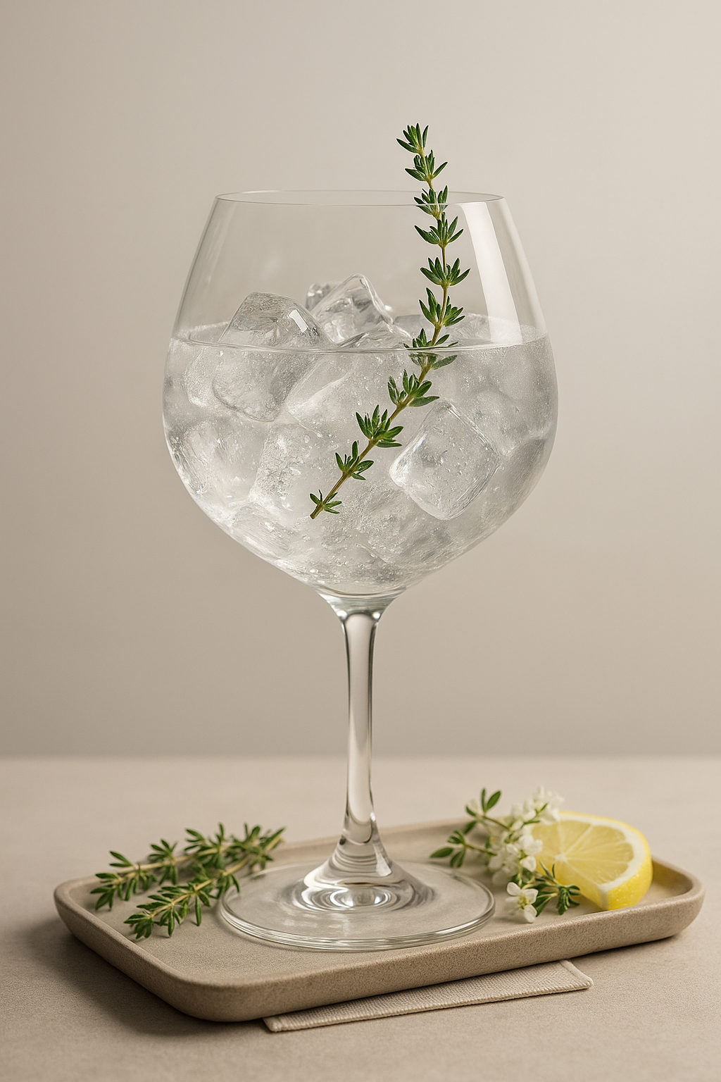 Bigallet Gin Bio S servi avec Fentimans Connoisseurs Tonic Water, agrémenté de Fresh thyme sprig, lightly bruised