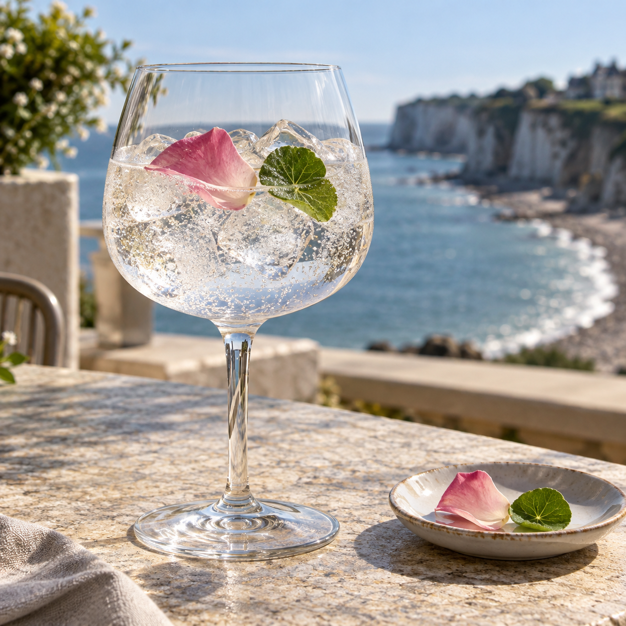 LODDA Le Gin de Veules-les-Roses servi avec Fever-Tree Indian Tonic Water, agrémenté de pétale de rose comestible et feuille d'huître fraîche