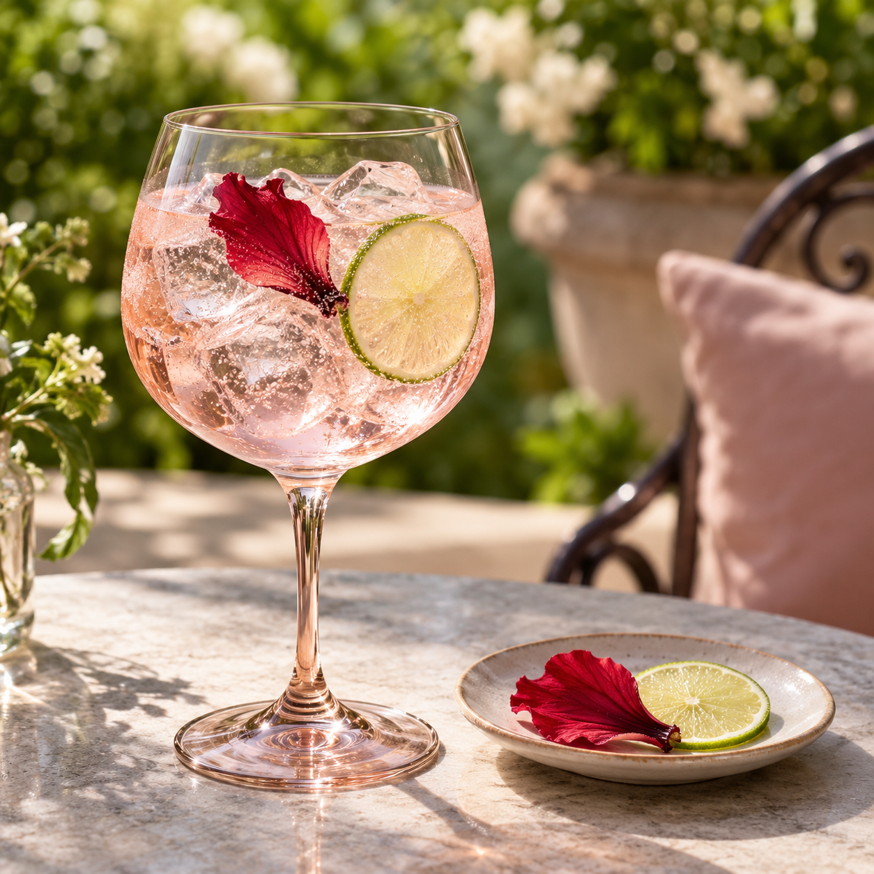 Little Biddy Gin Rose Gold servi avec Double Dutch Elderflower Tonic, agrémenté de fleur d'hibiscus séchée et rondelle de citron vert fraîche