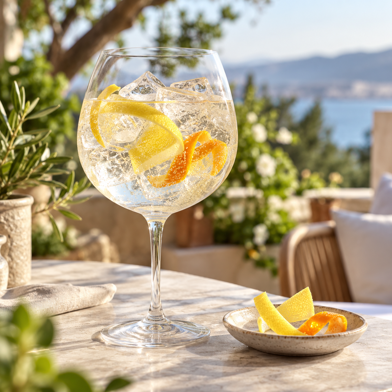 Little Biddy Gin Zest servi avec East Imperial Yuzu Tonic, agrémenté de zeste de citron et zeste d'orange