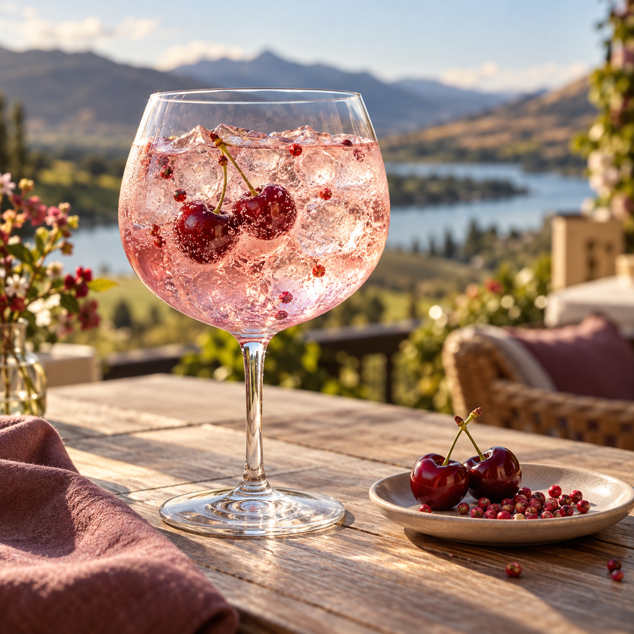 Little Biddy Gin Pink served with Double Dutch Pomegranate Basil Tonic, garnished with Fresh Cherries and Pink Peppercorns