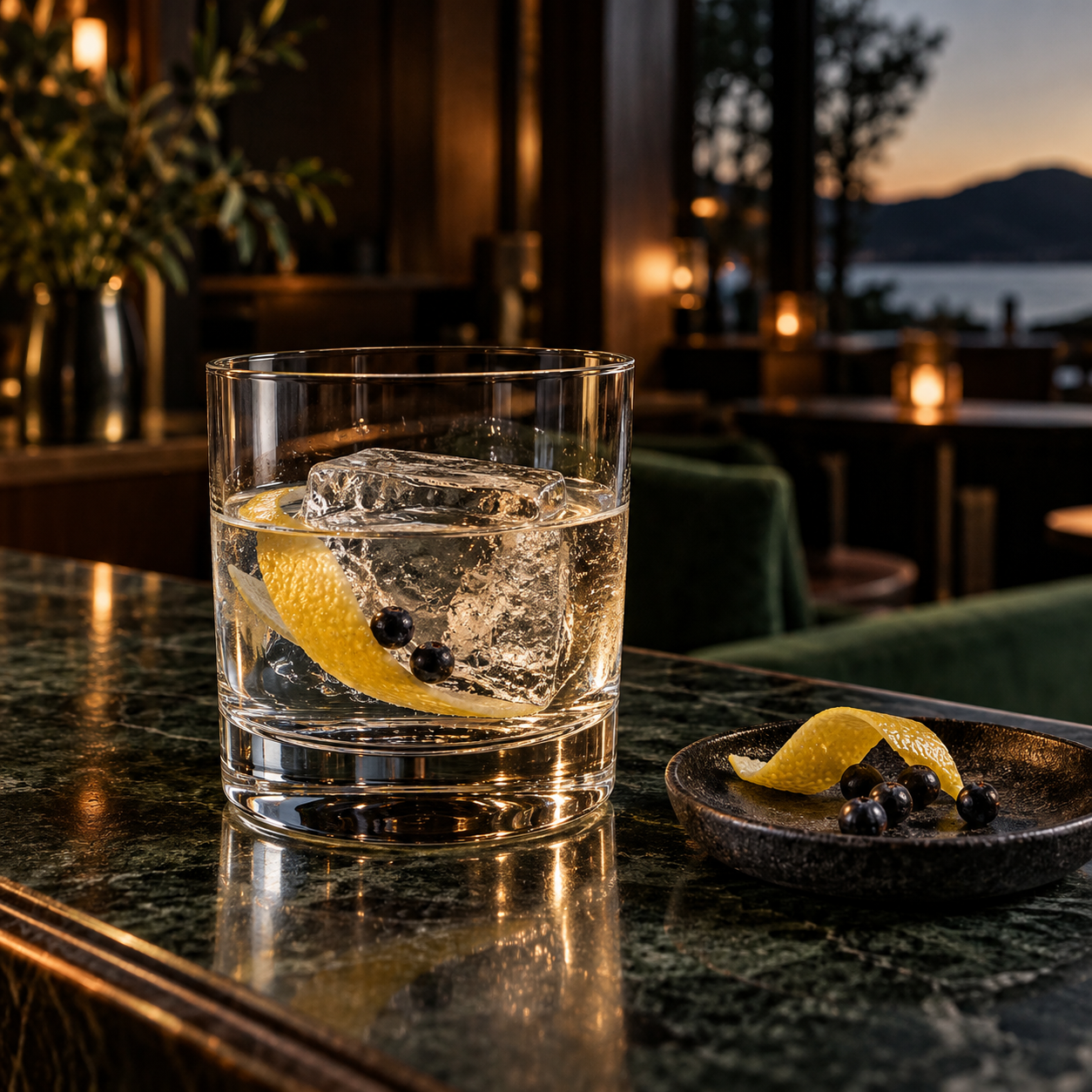 Little Biddy Gin Black Label served, garnished with Lemon Peel and Juniper Berries