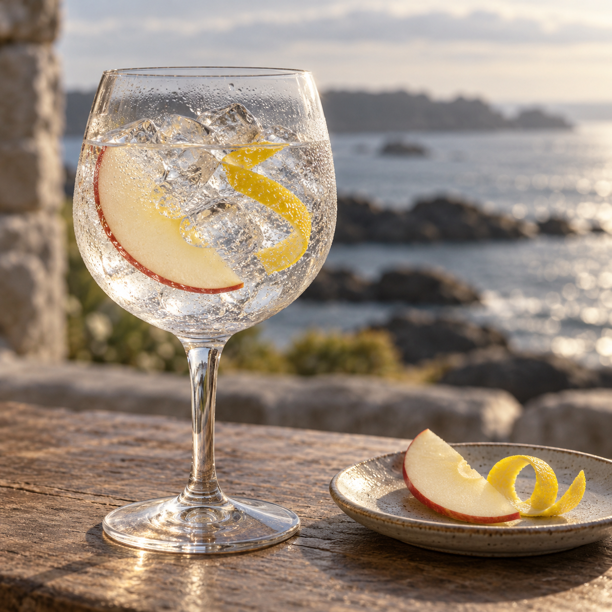 Letort Gin Breton served with Fever-Tree Indian Tonic Water, garnished with Apple Slice and Lemon Peel