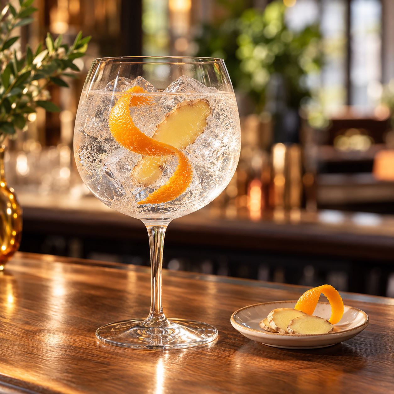 Little Biddy Gin Amber served with Fentimans Valencian Orange Tonic Water, garnished with Orange twist and Fresh Ginger Slice