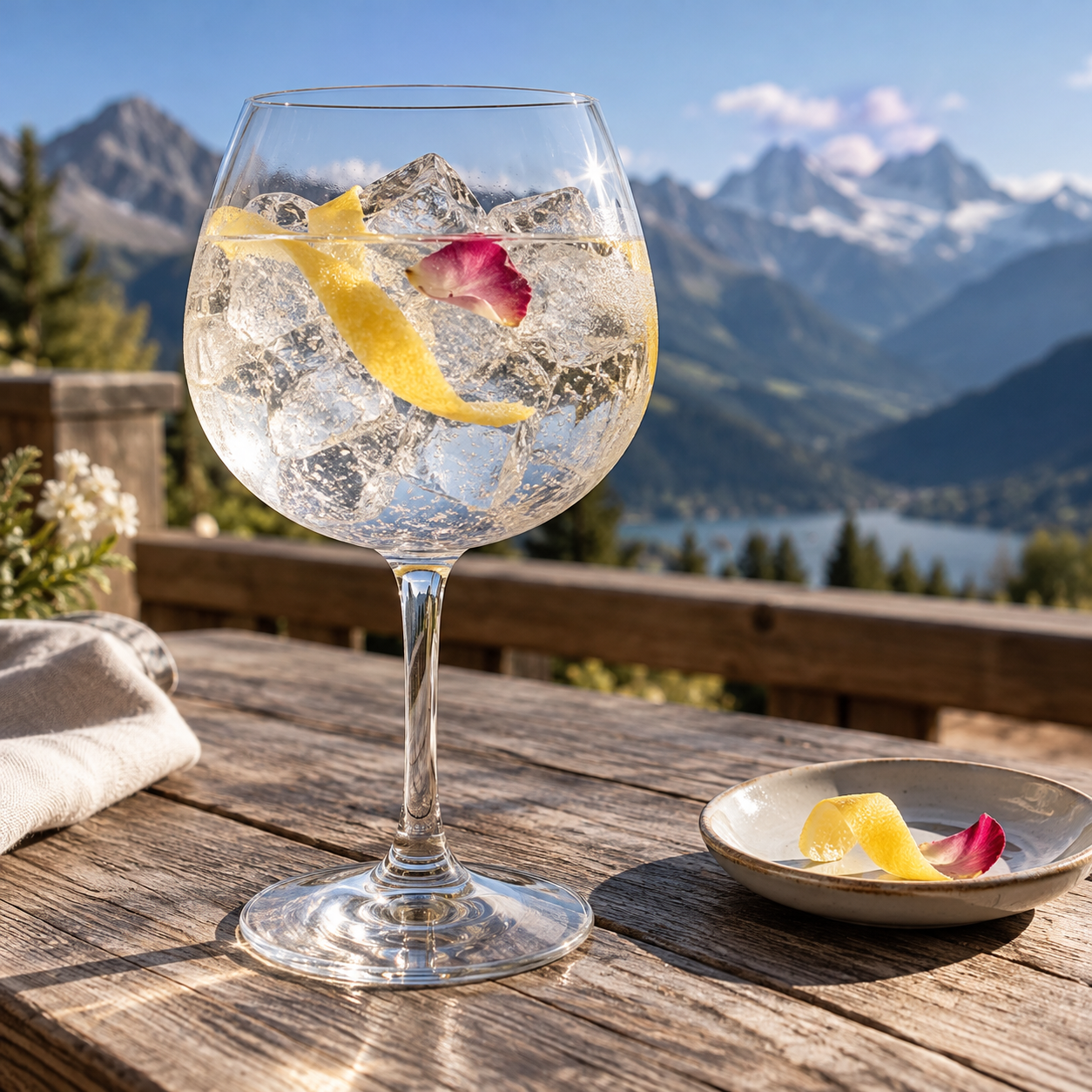 Lachanenche Gin Bio served with Fever-Tree Indian Tonic Water, garnished with Lemon Peel and Edible Rose Petal