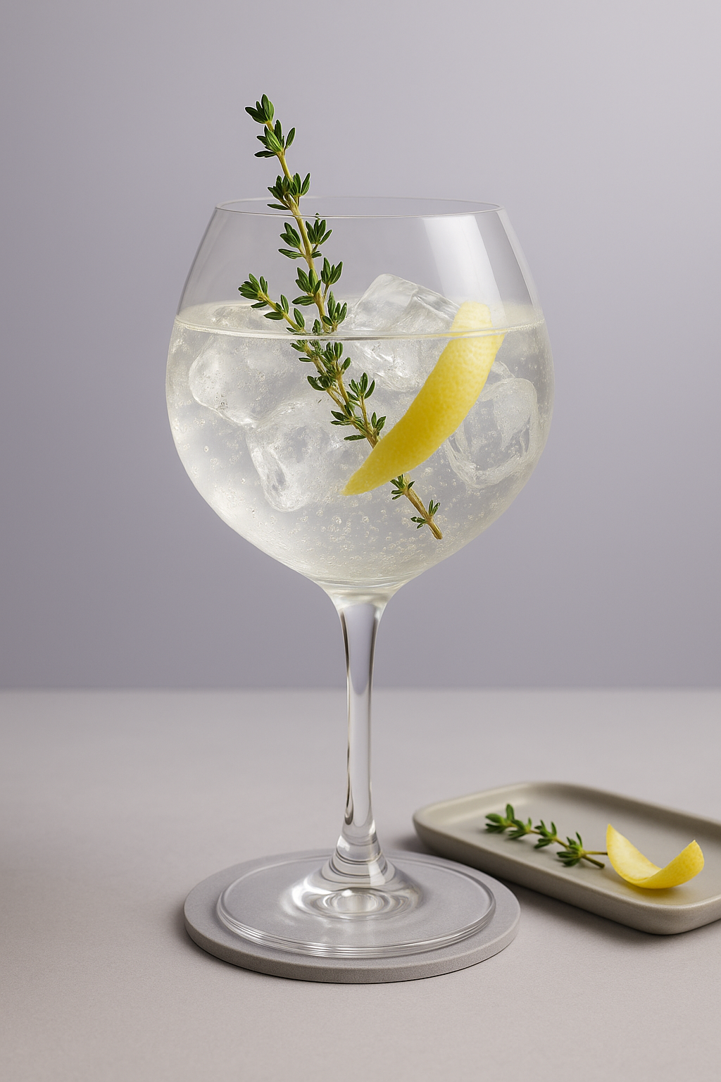 Bigourdan Dry Gin served with Fever-Tree Mediterranean Tonic Water, garnished with Fresh thyme sprig and Thin lemon peel slice