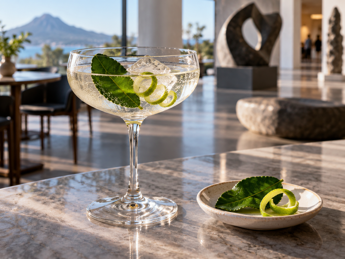 Juno Monica Gin served with East Imperial Yuzu Tonic, garnished with Makrut Lime Leaf and Fresh Lime Twist