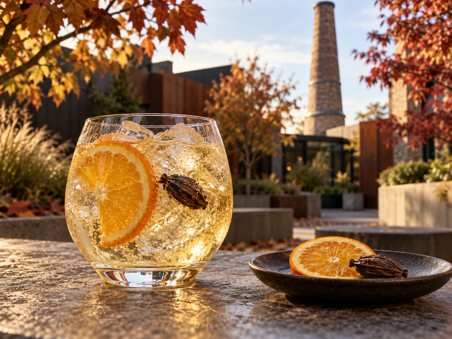 Juno Autumn 2026 Seasonal Gin served with Schweppes Premium Mixer Ginger & Cardamom Tonic, garnished with Orange twist and Cardamom Pods