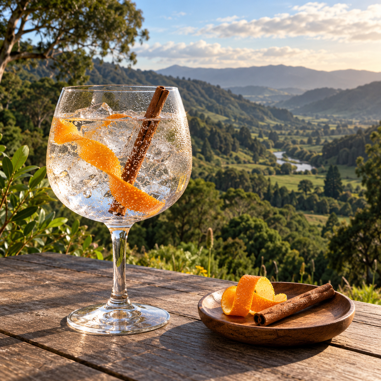 Imagination Reikorangi Triple Distilled Dry Gin served with Erasmus Bond Classic Tonic, garnished with Orange twist and Cinnamon Stick