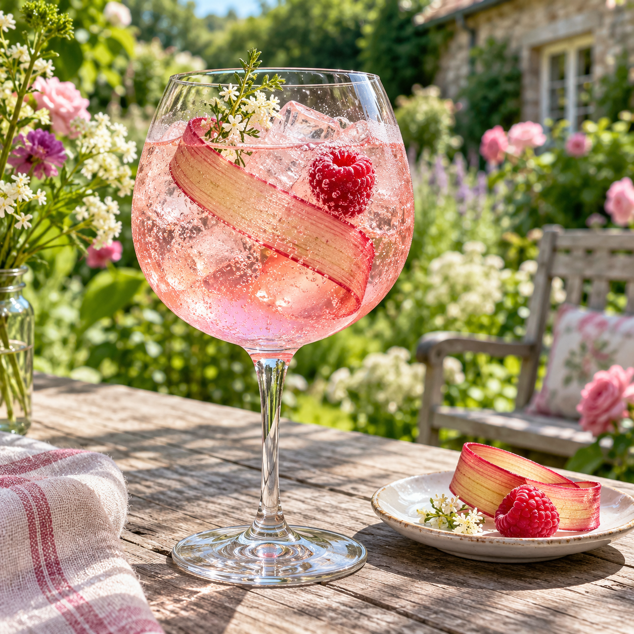 Imagination Rhubarb and Raspberry Gin served with East Imperial Grapefruit Tonic, garnished with Fresh Rhubarb Ribbon and Fresh raspberry